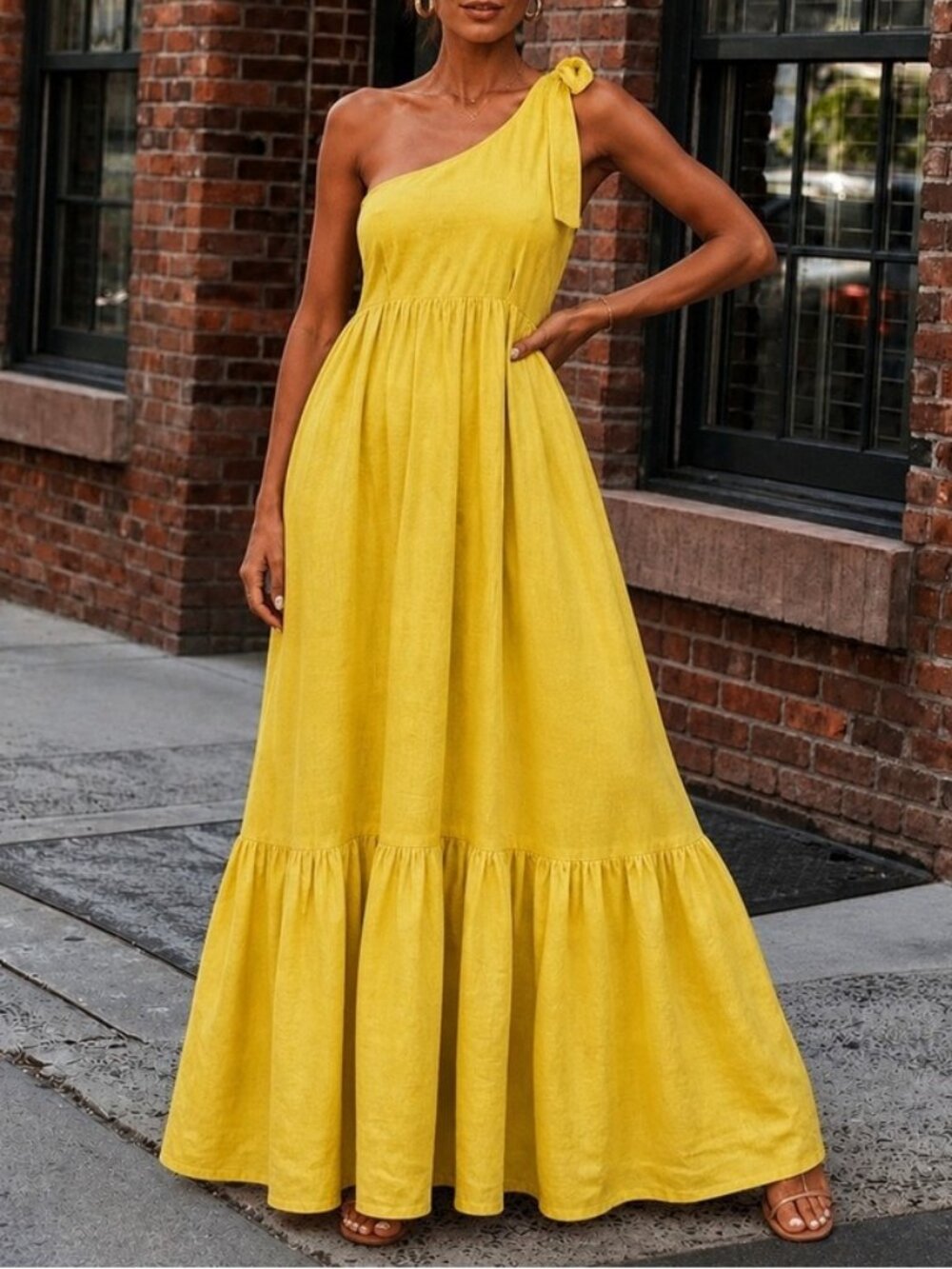Zimmermann‎ Juliette One Shoulder Bow Linen Maxi Dress Yellow